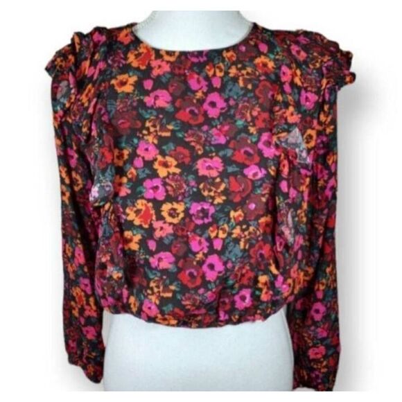 WILD FABLE ORANGE, PINK, & BLACK RUFFLE LONG SLEEVE CROP TOP SZ.XS EUC. - Picture 2 of 6